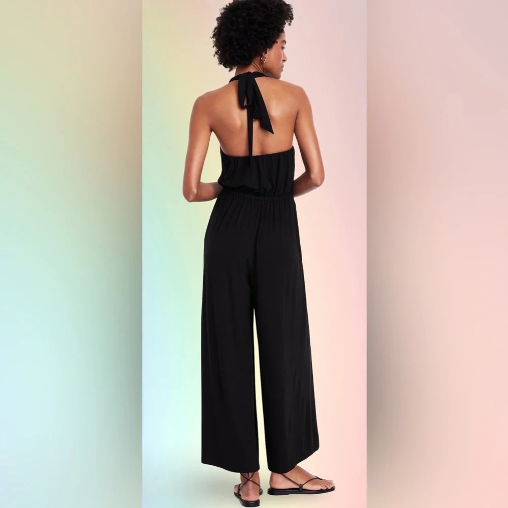 NWTS💓GAP OLD NAVY LG💓BLACK GREEK HALTER STYLE JUMPSUIT ELASTIC WAIST POCKETS - Picture 10 of 14